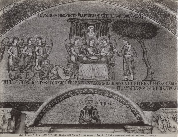 Alinari, Fratelli — Venezia - Basilica di S. Marco. Abramo venera gli Angioli - S. Pietro, musaico di una lunetta nell'atrio. (XIII secolo.) — insieme